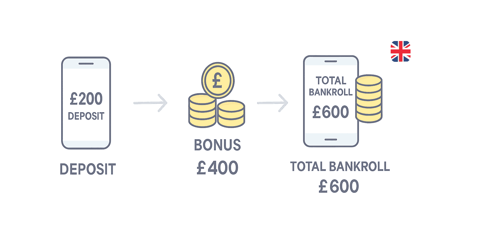 Infographic: 200% deposit bonus example – £200 becomes £600