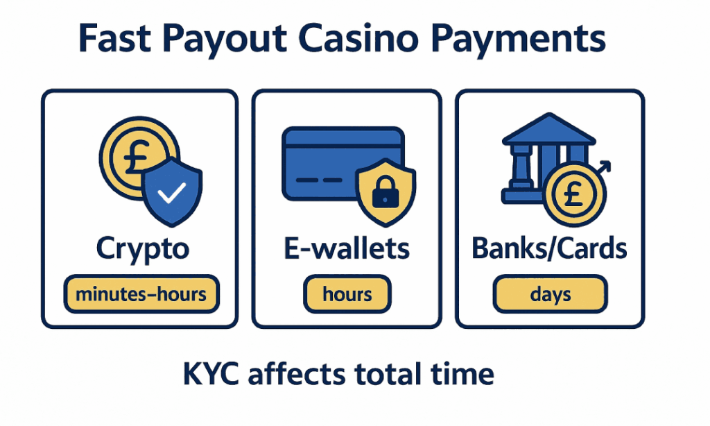 Fast withdrawal casino methods — crypto and e-wallets faster than banks/cards.