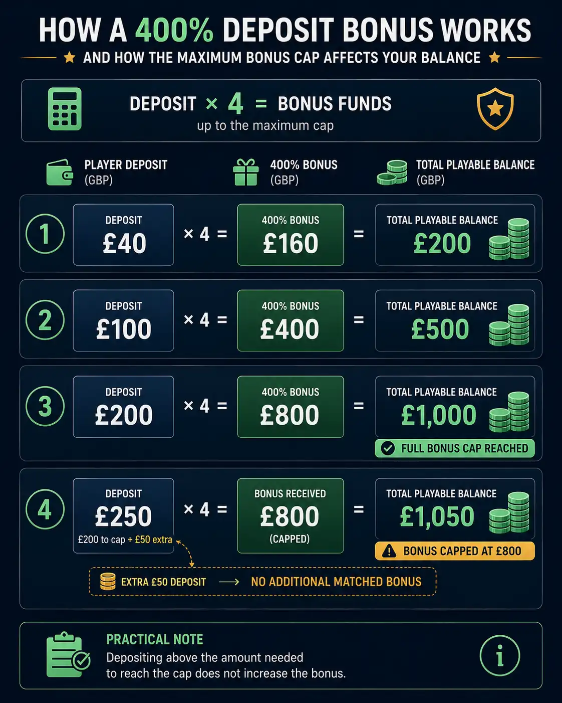 400% casino bonus examples showing how deposits are matched and limited by an £800 bonus cap.