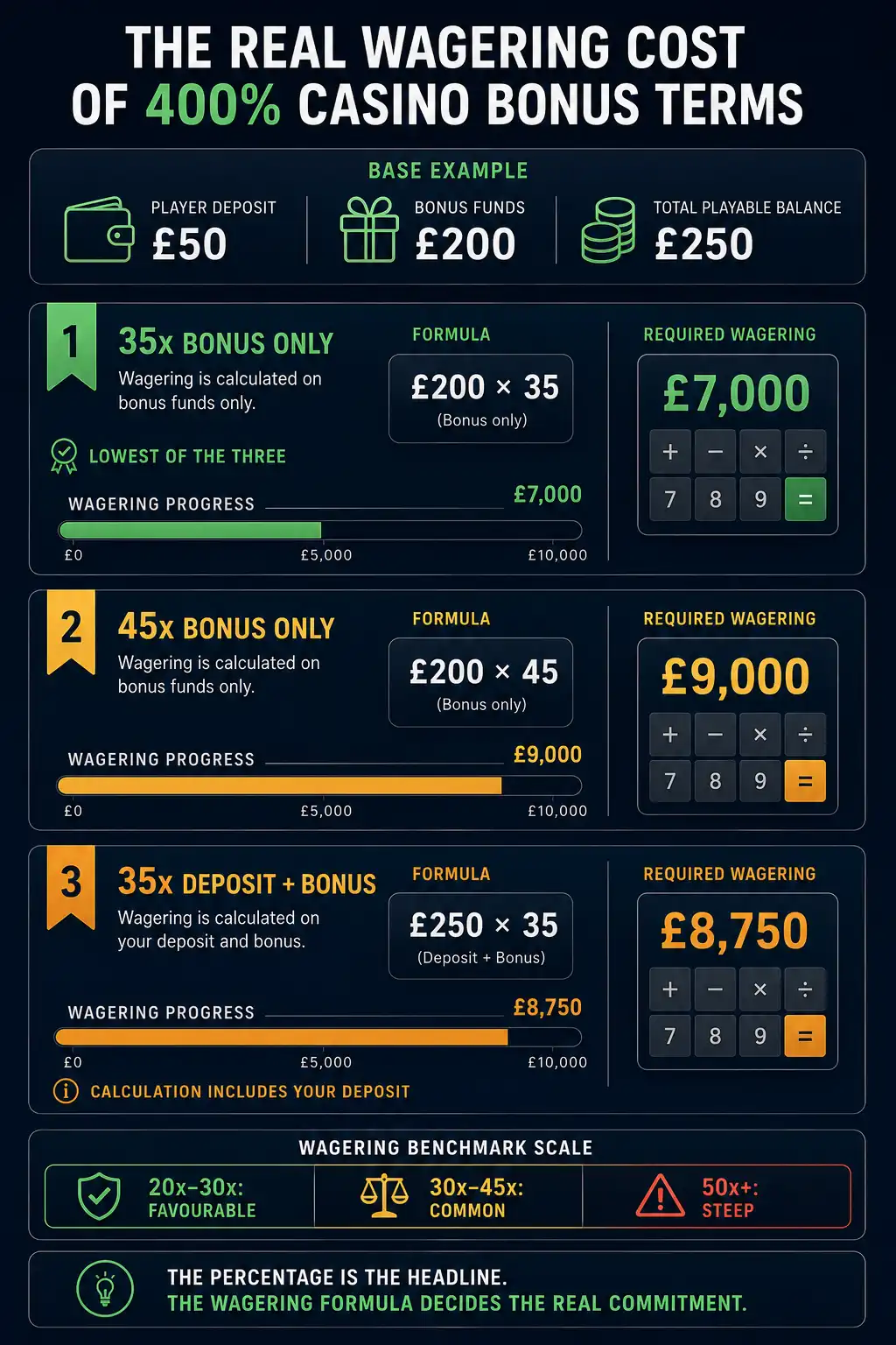 400% casino bonus wagering comparison showing requirements of £7,000, £8,750 and £9,000.