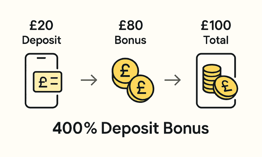400% deposit bonus example: £20 deposit + £80 bonus = £100 total