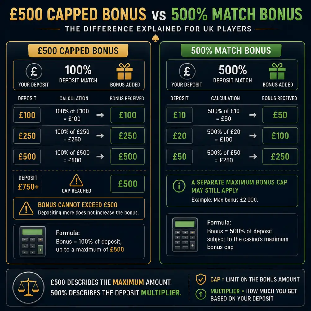500 casino bonus comparison showing the difference between a £500 capped offer and a 500% deposit match.