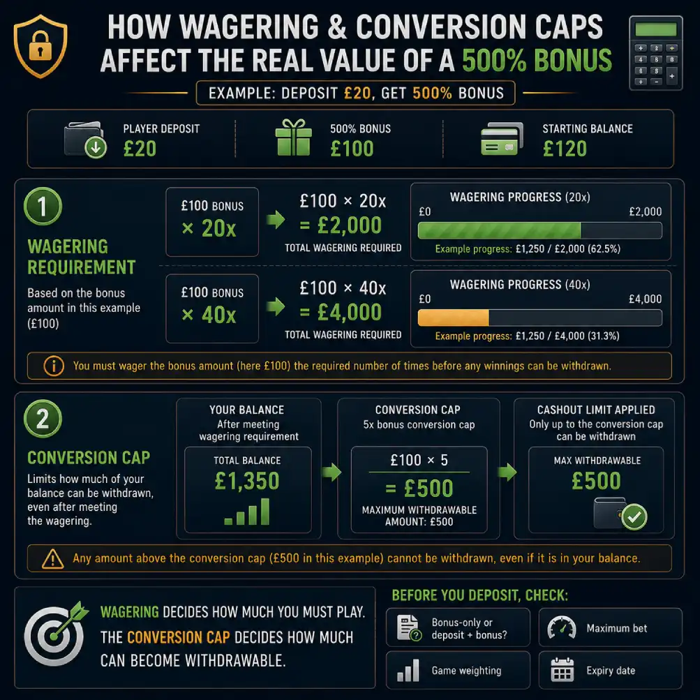 500 casino bonus example showing a £2,000 wagering target and a £500 maximum conversion cap.