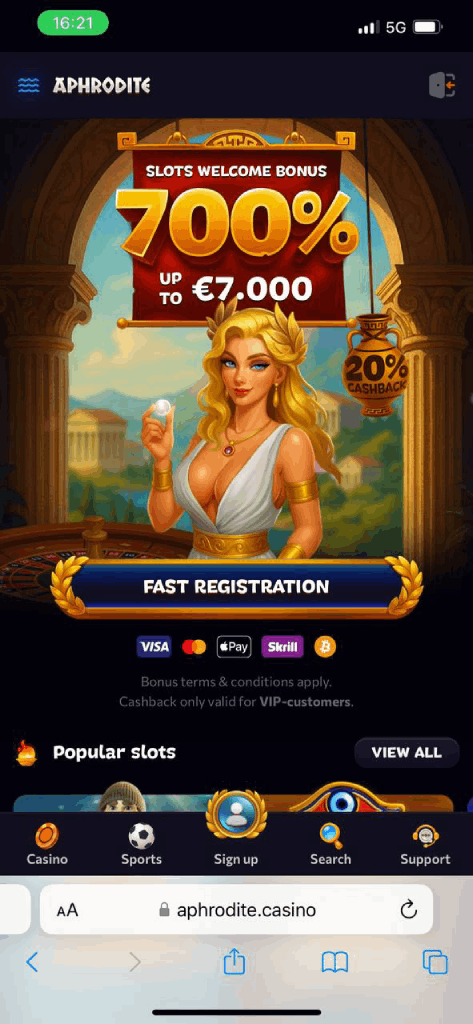 Screenshot of Aphrodite Mobile Casino homepage (mobile view)