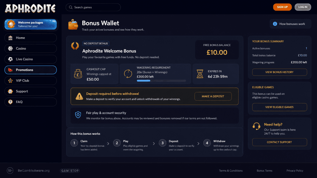 Aphrodite Casino no deposit bonus illustration showing cashout cap, deposit requirement, and bonus review warning