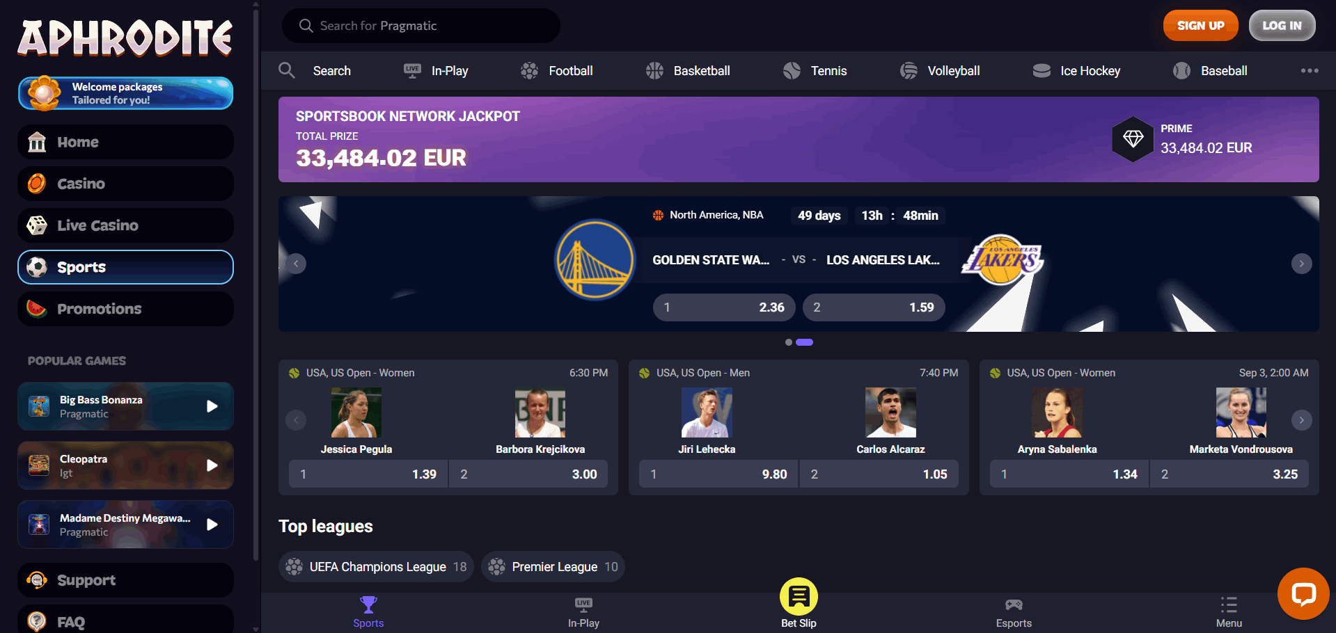 Screenshot of Aphrodite Casino Sport Betting Section (desktop view)