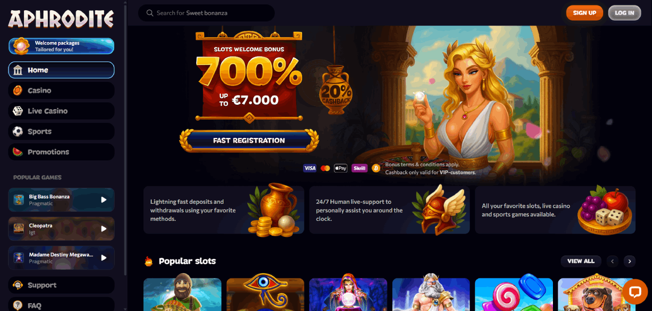 Screenshot of Aphrodite Casino homepage (desktop view)