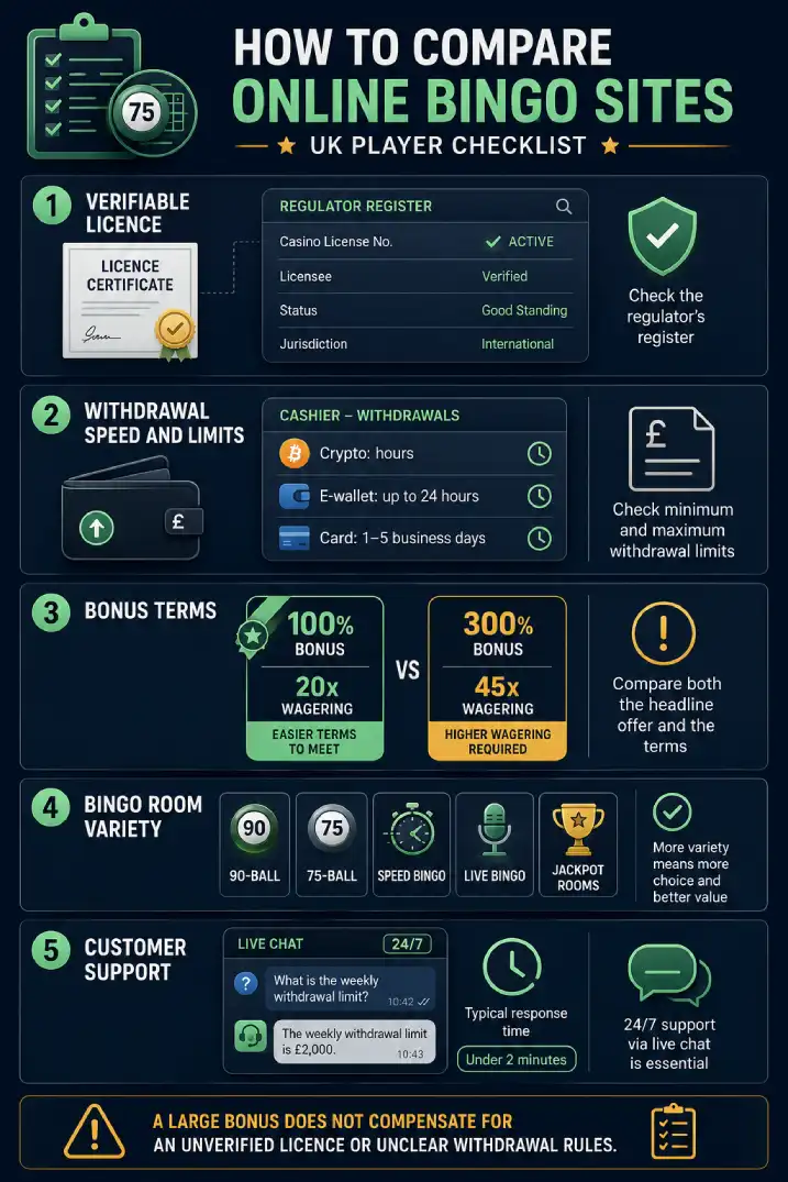 Bingo sites not on GamStop checklist covering licences, withdrawal speed, bonus terms, game variety and customer support.