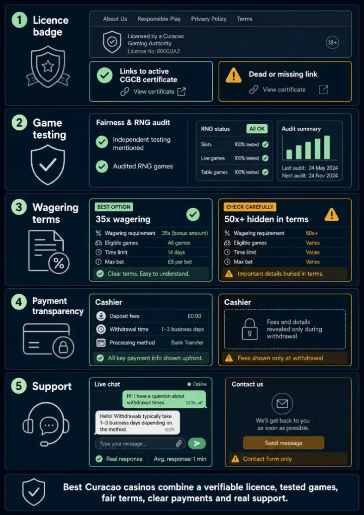 Curacao casinos checklist showing licence verification, game testing, wagering terms, payment transparency and support quality.