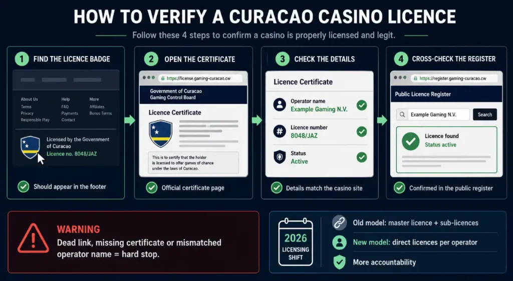 Curacao casinos licence verification process showing badge checks, certificate details and CGCB register confirmation.