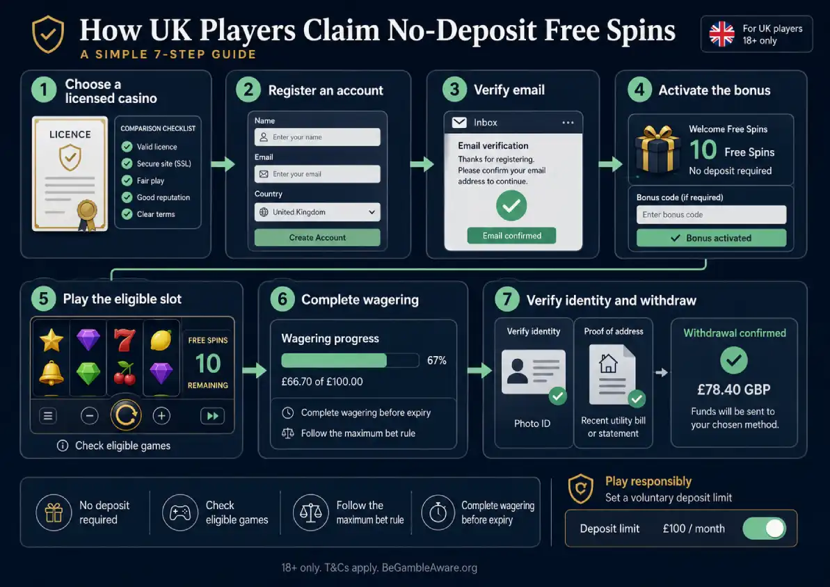 Free spins no deposit not on GamStop claim process from registration and email verification to wagering and withdrawal.