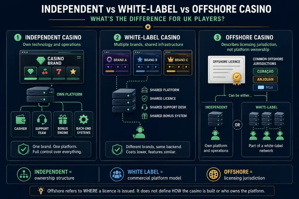 Independent casinos not on GamStop compared with white-label and offshore casino structures.