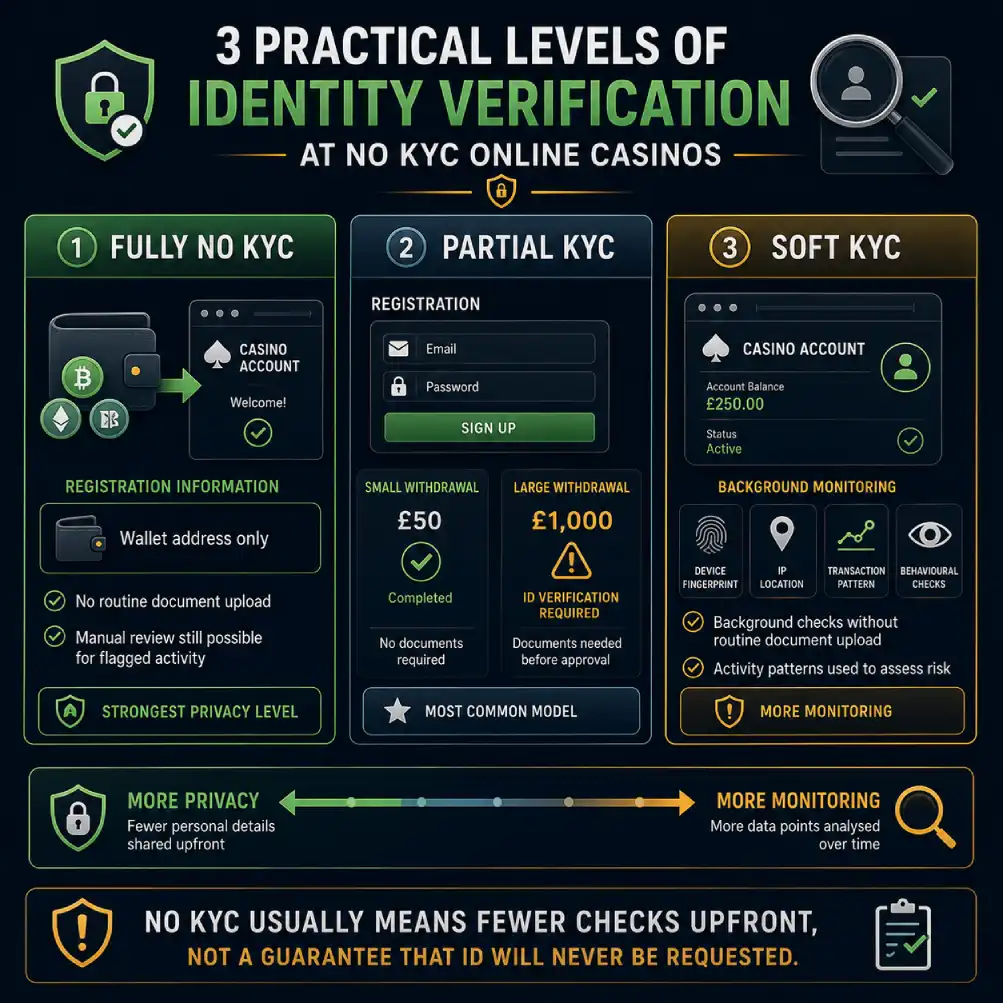 No KYC casinos UK comparison showing fully no-KYC, partial KYC and soft KYC verification models.