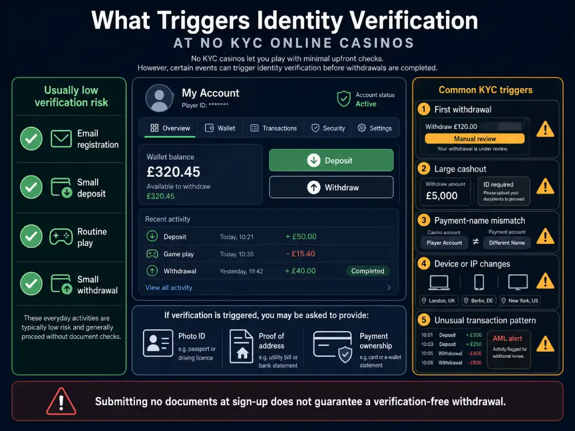 No KYC casinos UK verification triggers including large withdrawals, payment mismatches and unusual account activity.