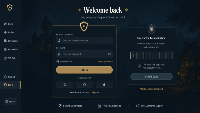 Kingdom Casino login illustration showing sign-in form, browser access, and 2FA prompt