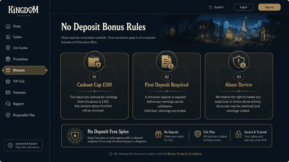Kingdom casino no deposit bonus illustration showing cashout cap, deposit requirement, and bonus abuse warning