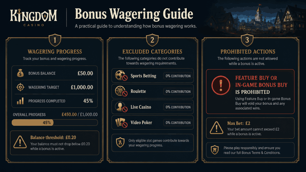 Kingdom casino no deposit bonus wagering illustration showing excluded games, feature-buy restriction, and bonus limits