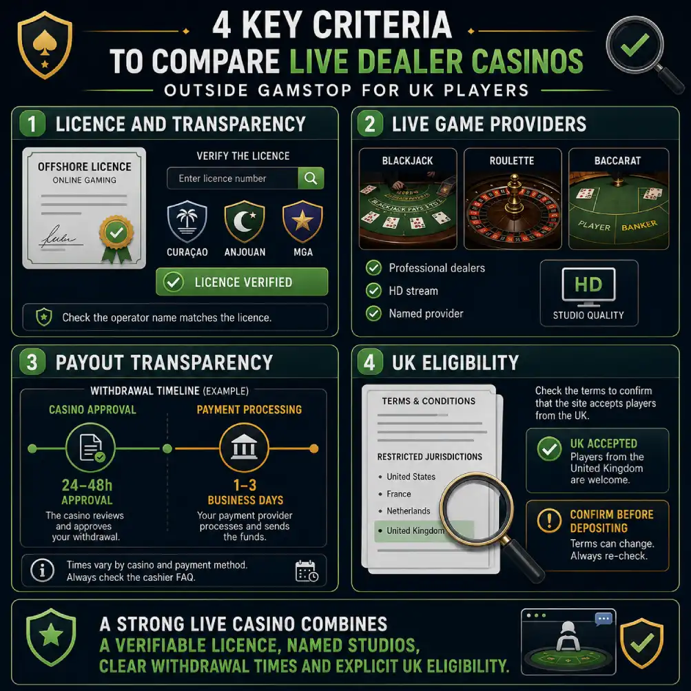 Live casinos not on GamStop comparison covering licences, game providers, withdrawal times and UK eligibility.