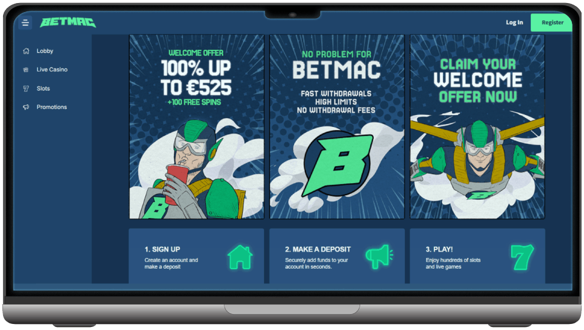 Screenshot of Betmac Casino homepage (desktop view)