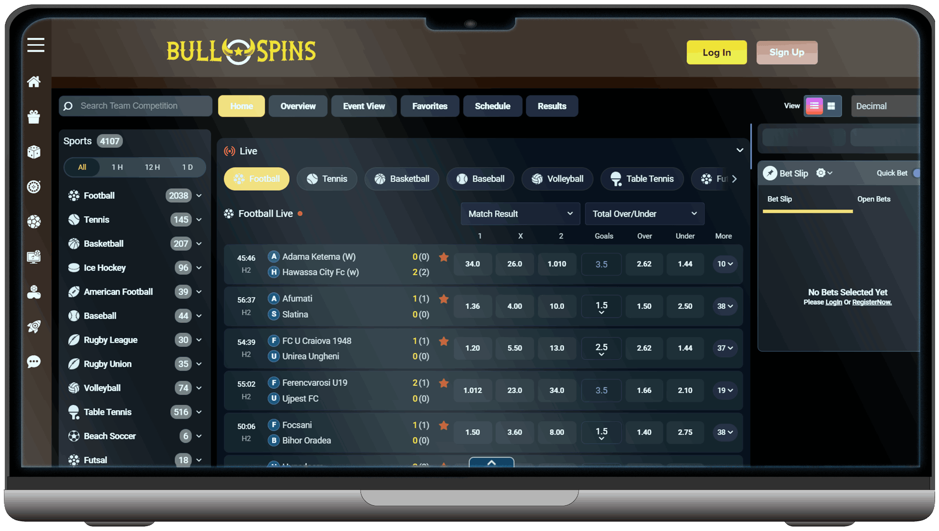 Screenshot of Sports Betting Section at BullSpins Casino