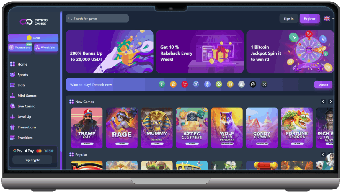 Screenshot of Crypto Games io homepage (desktop view)