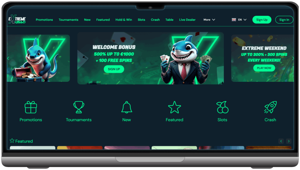 Screenshot of Extreme Spins Casino homepage (desktop view)