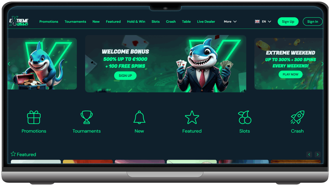 Screenshot of Extreme Spins Casino Mainpage (desktop view)