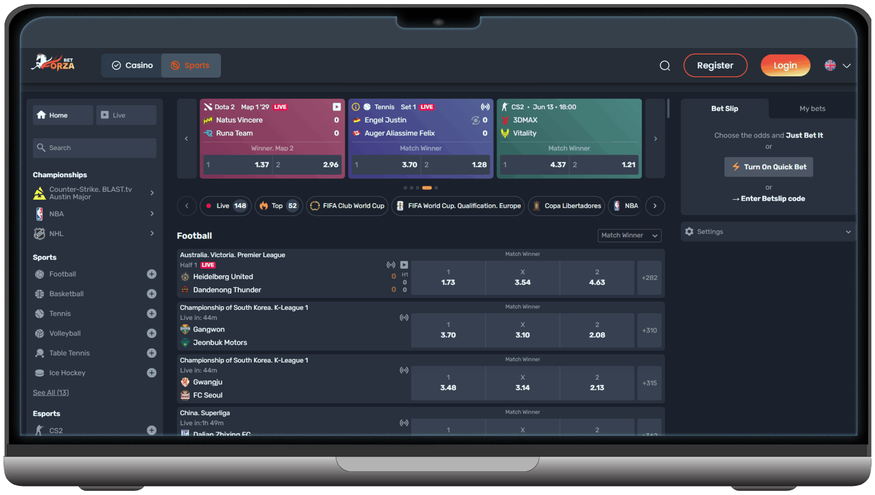 Screenshot of Forzabet Casino Sport Betting Section (desktop view)
