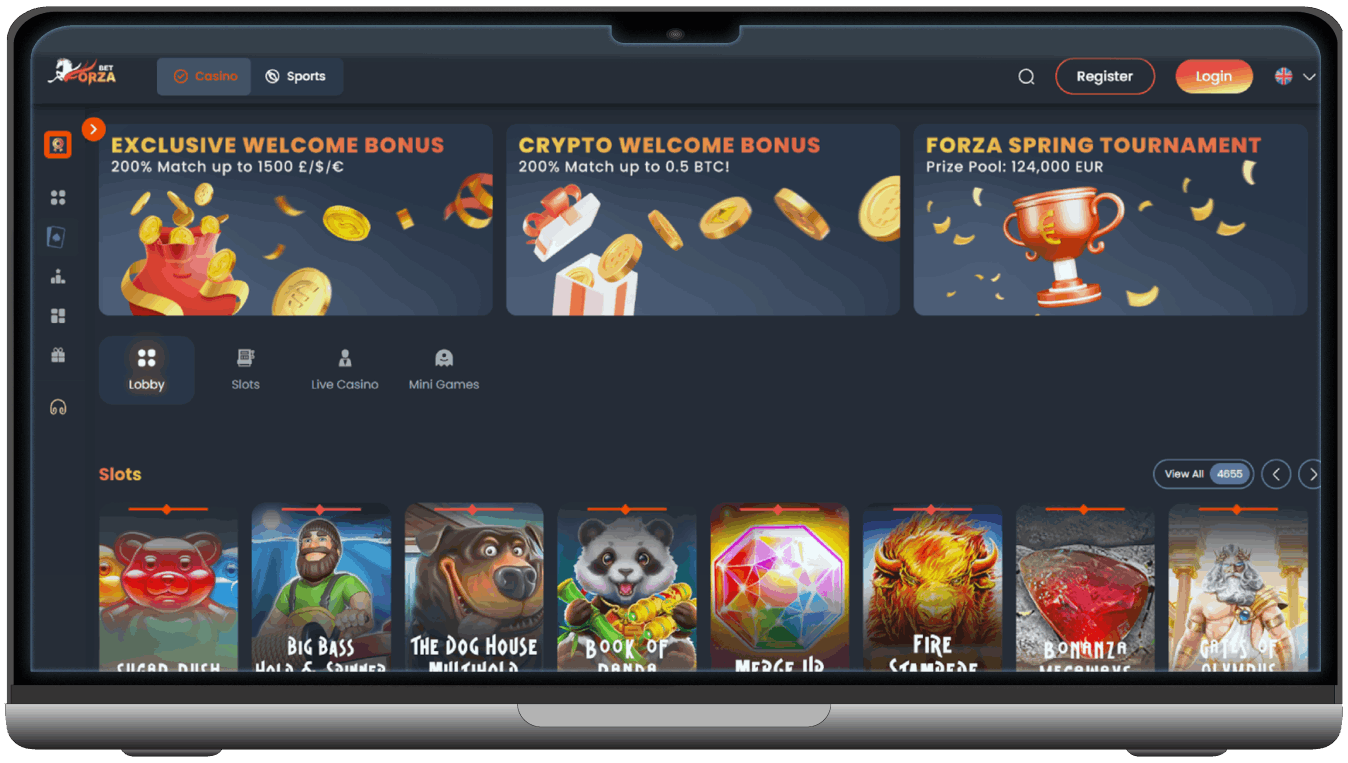 Screenshot of ForzaBet Casino homepage (desktop view)