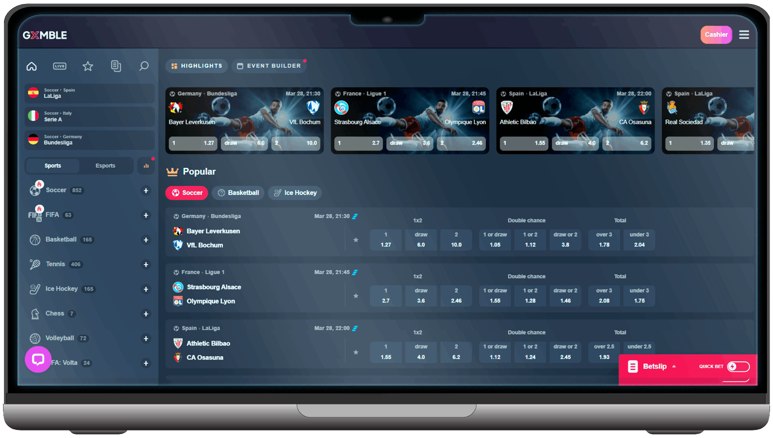 Screenshot of Gxmble Casino Sports betting section