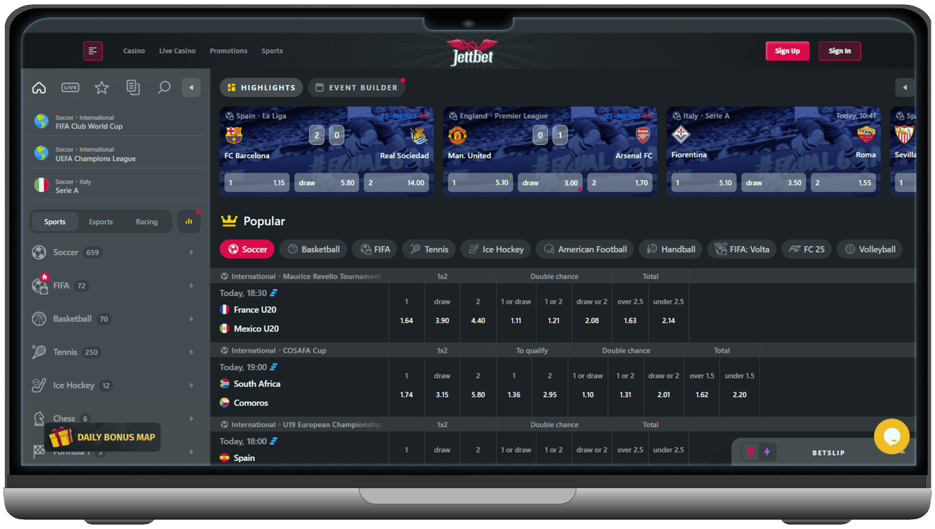 Screenshot of JettBet Casino Sport Betting Section (desktop view)