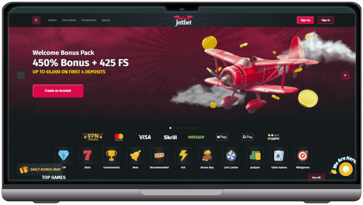 Screenshot of JettBet Casino homepage (desktop view)