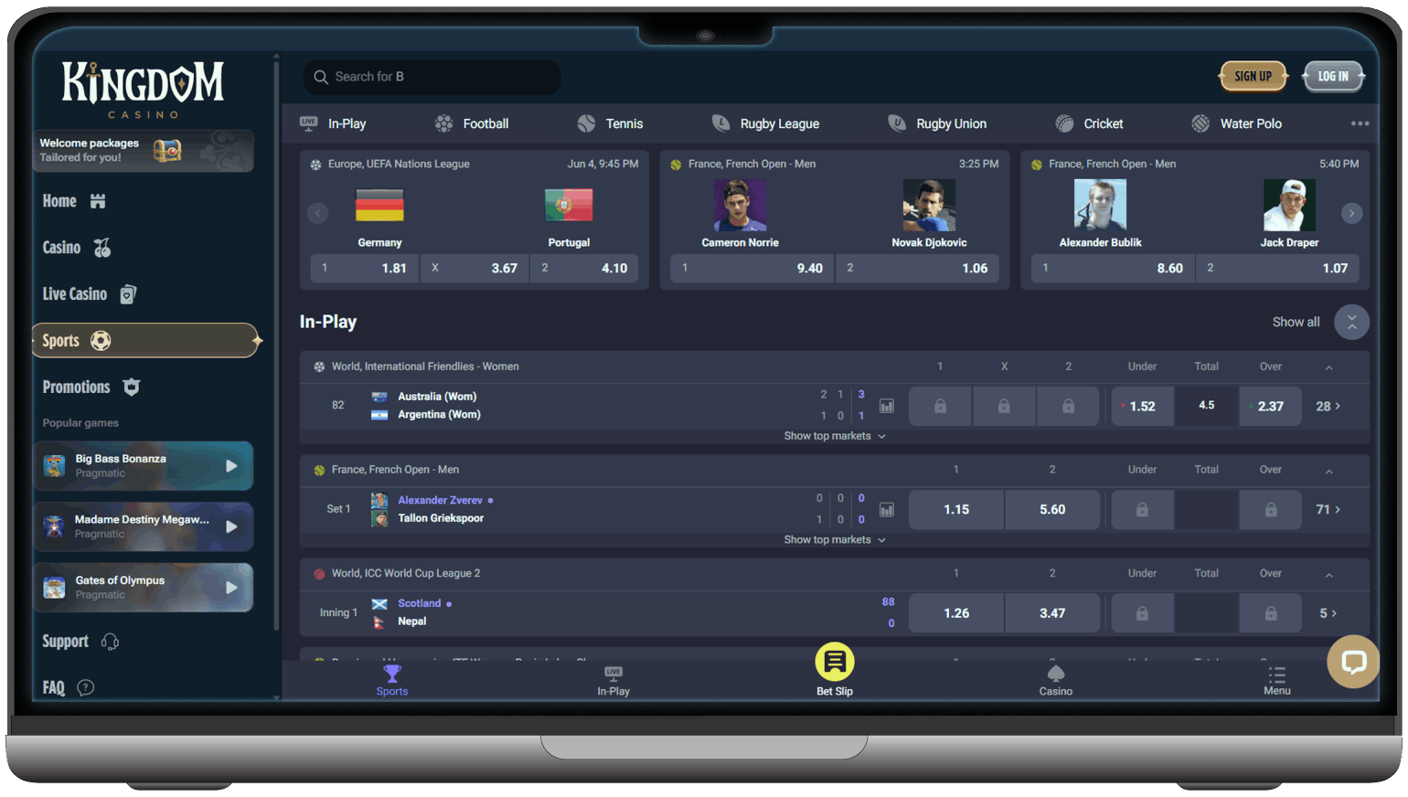 Screenshot of Kingdom Casino Sport Betting Section (desktop view)