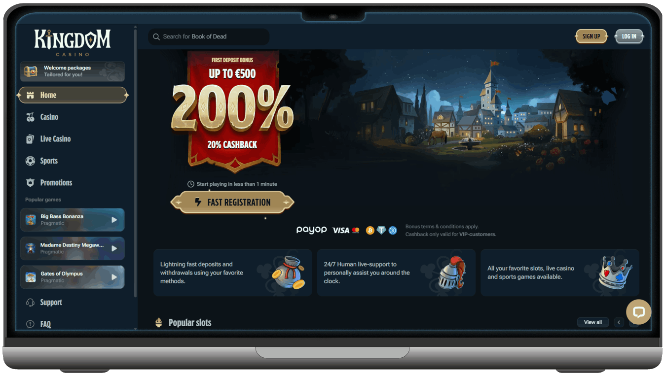 Screenshot of Kingdom Casino homepage (desktop view)