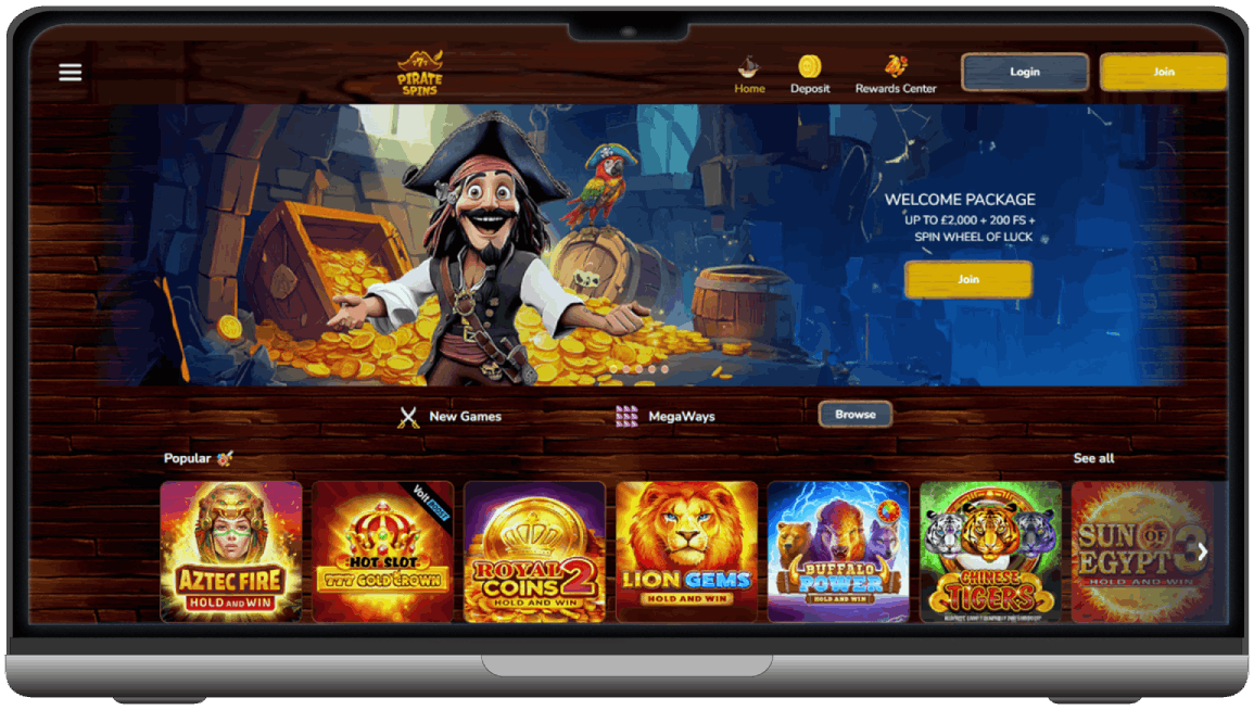 Screenshot of Pirate Spins Casino homepage (desktop view)