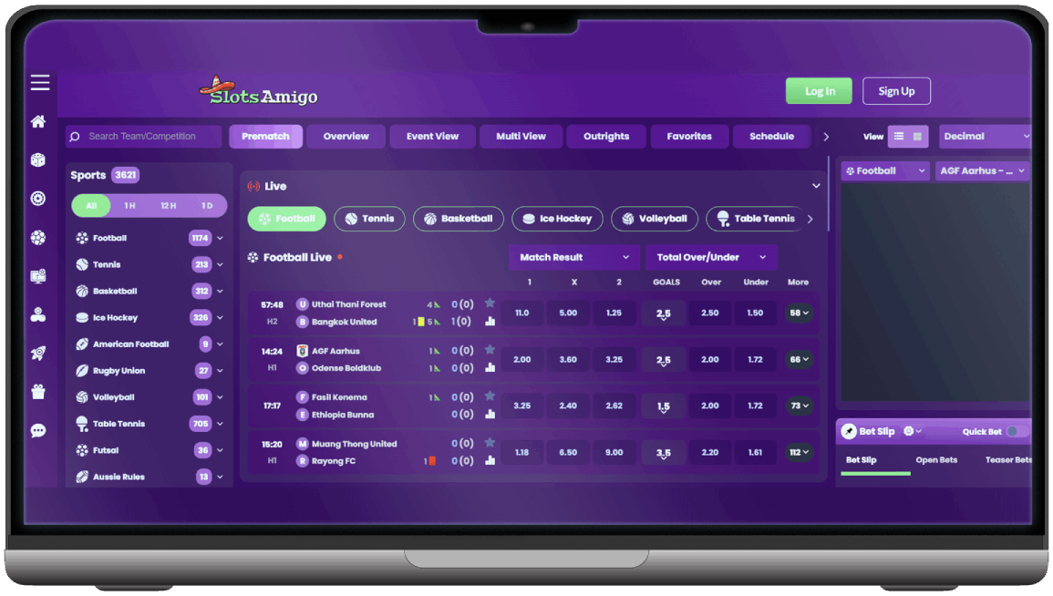 Screenshot of Slotsamigo Sports Betting section