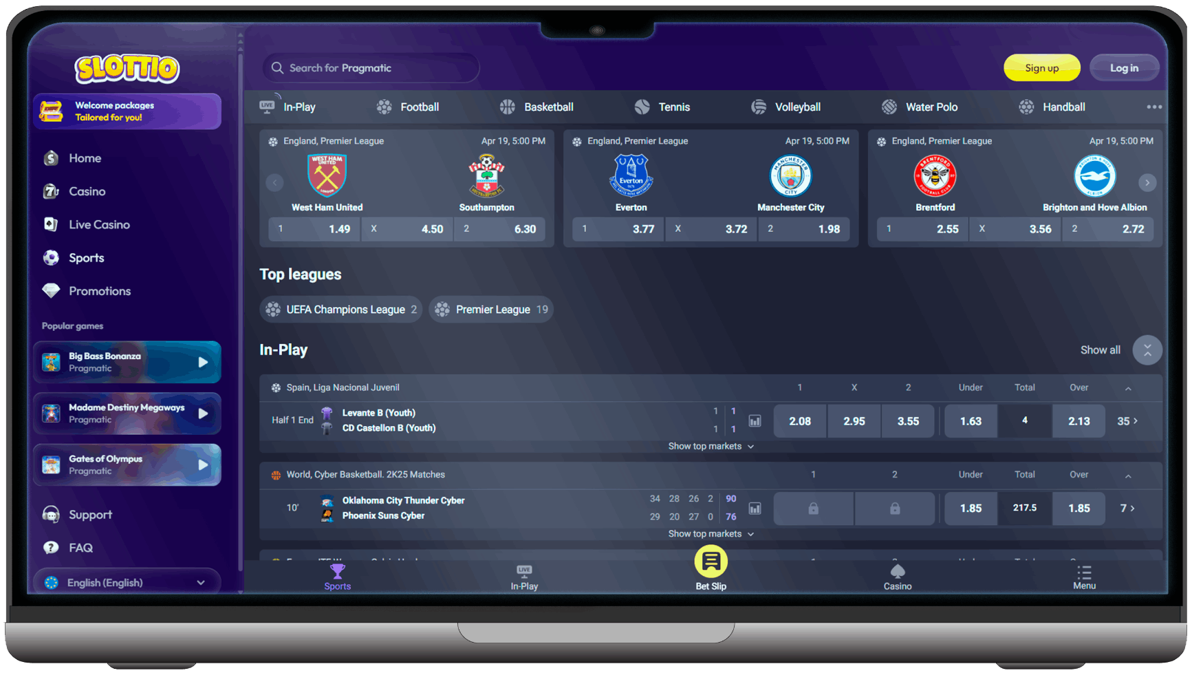 Screenshot of Sports Betting at Slottio Casino