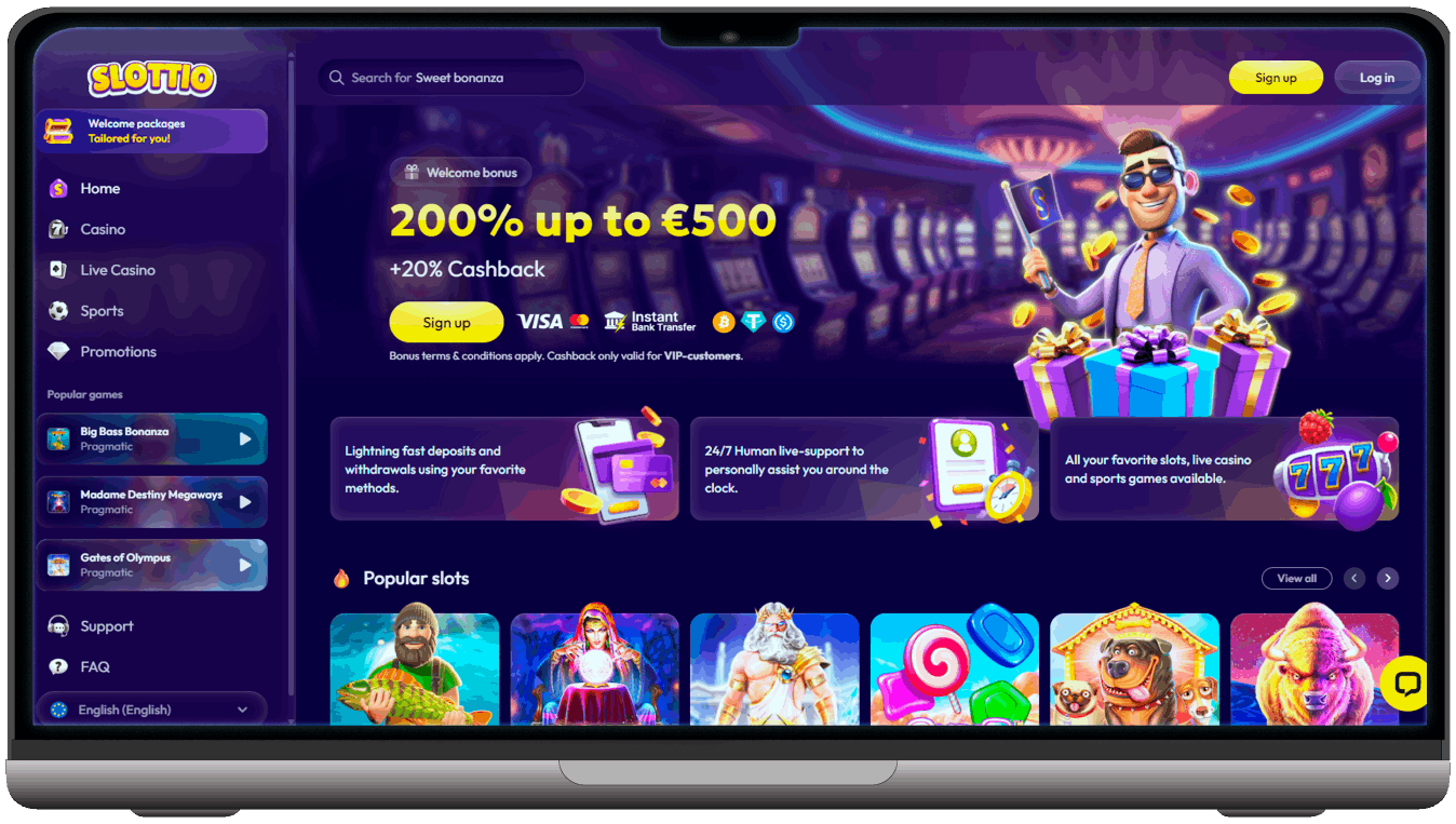 Screenshot of Slottio Casino main page