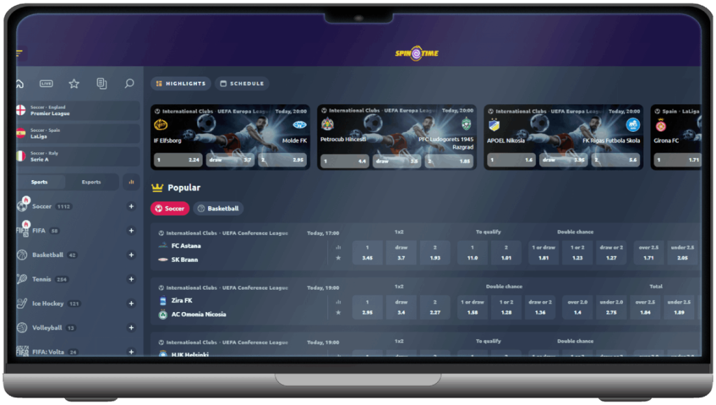 Screenshot of SpinTime Casino sportsbook