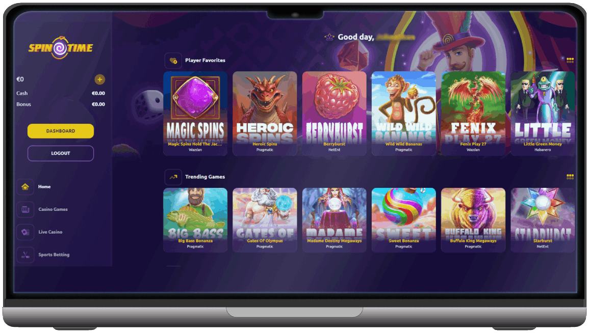 Screenshot of SpinTime Casino main page