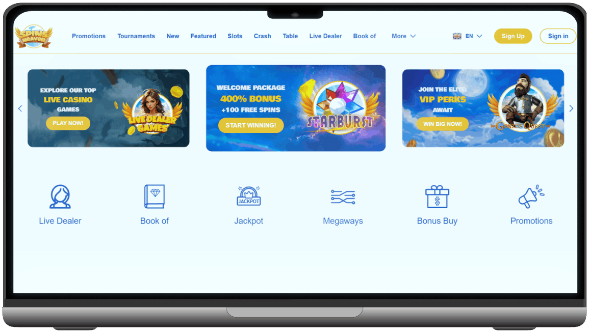 Screenshot of Spins Heaven Casino main page