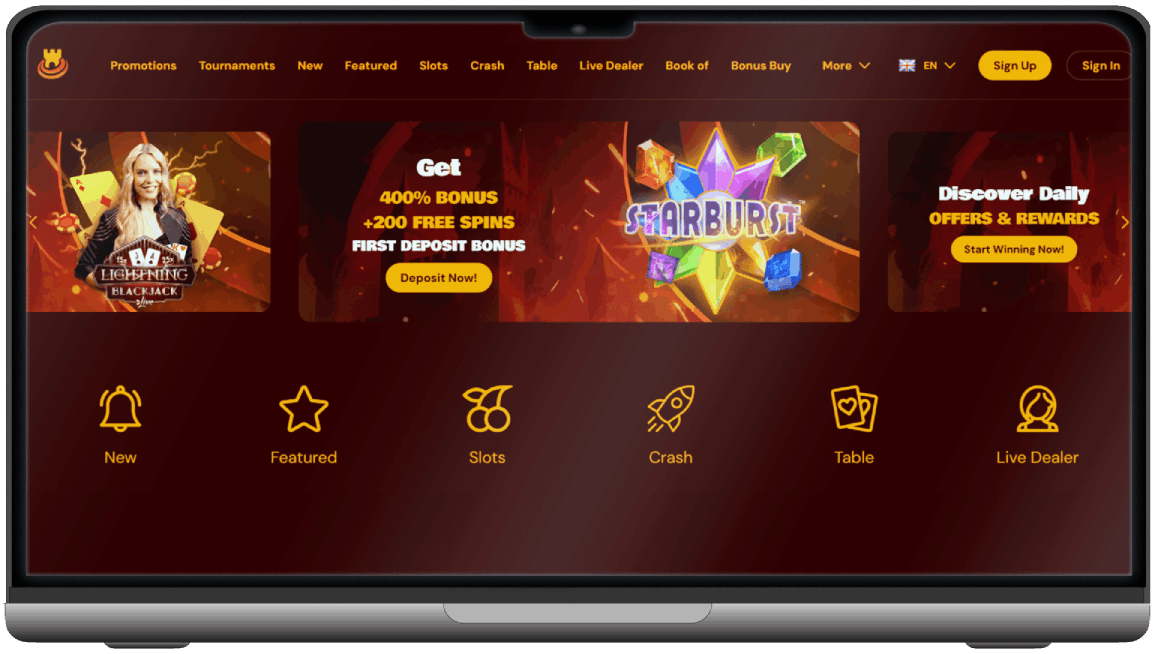 Screenshot of Spinscastle Casino main page
