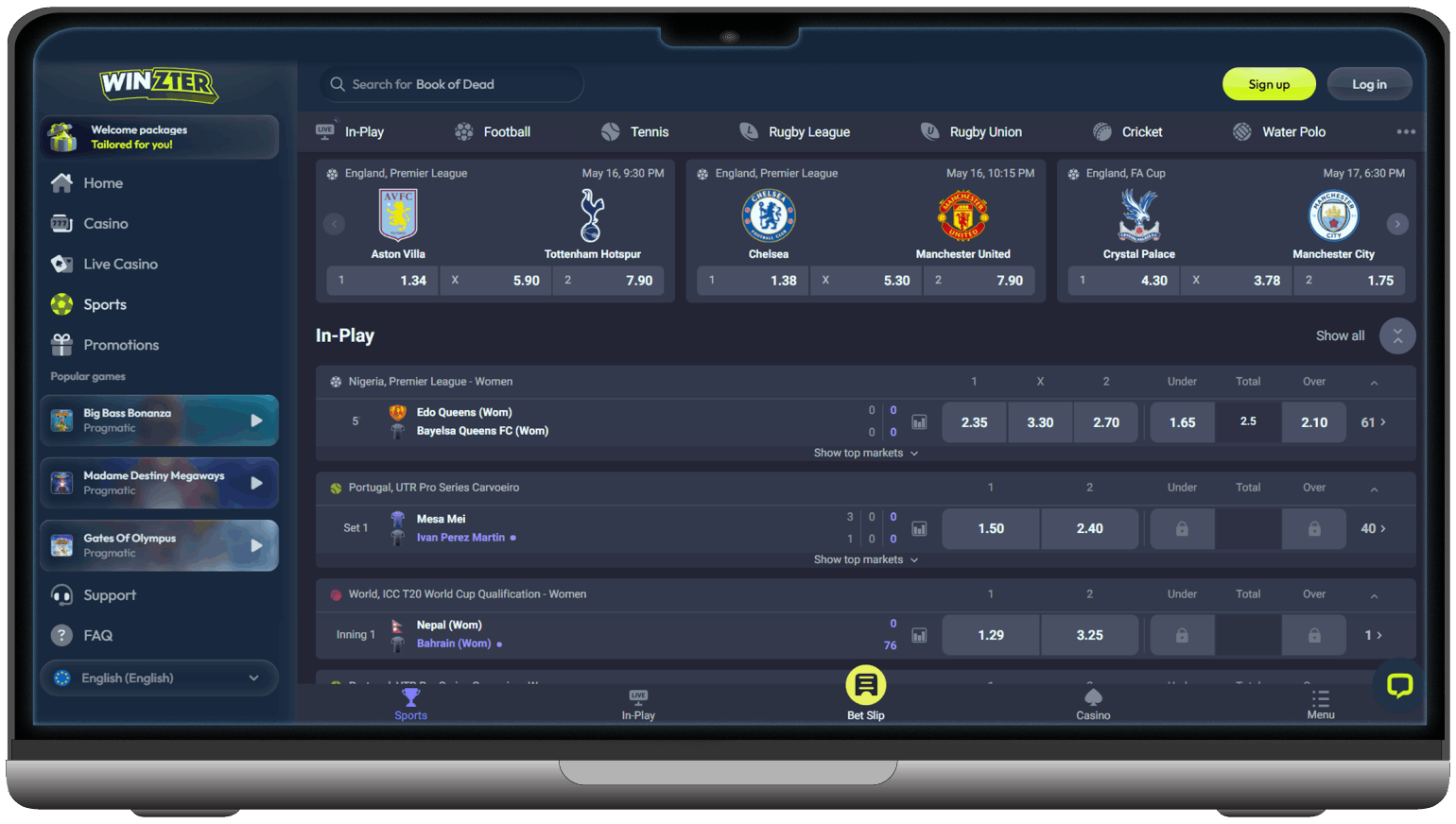 Winzter Sports Betting section interface showing football fixtures, in-play odds and bet slip panel