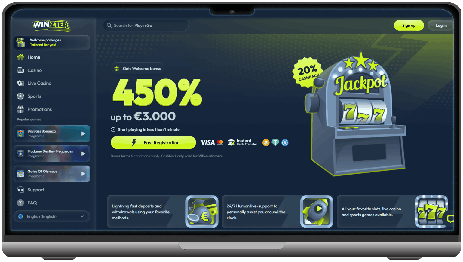 Winzter casino home page – welcome bonus banner, slots carousel and top navigation (UK, 2025)