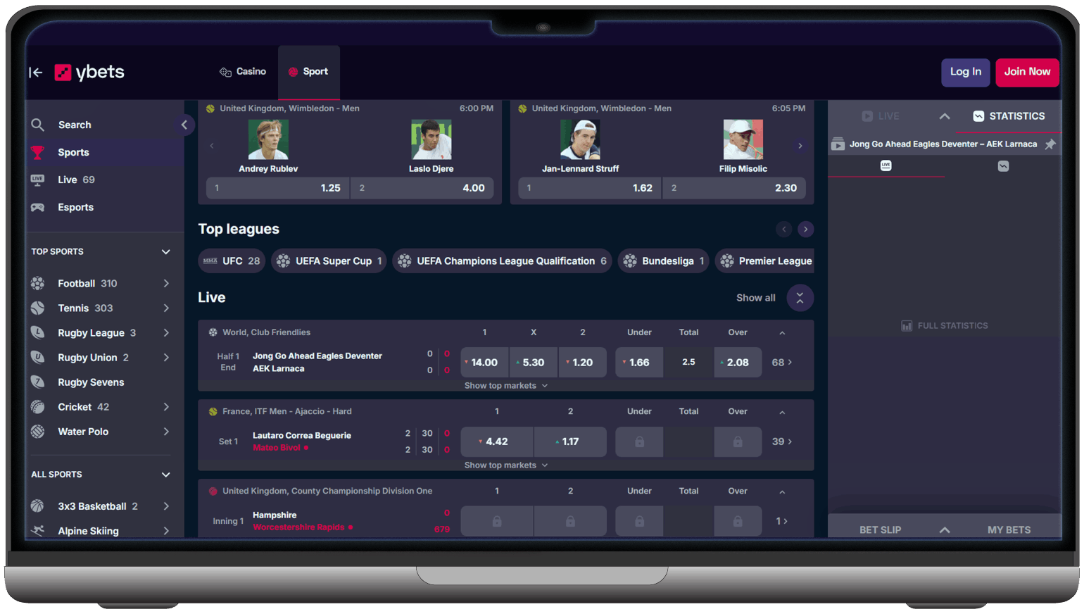 Screenshot of Ybets Casino Sport Betting Section (desktop view)