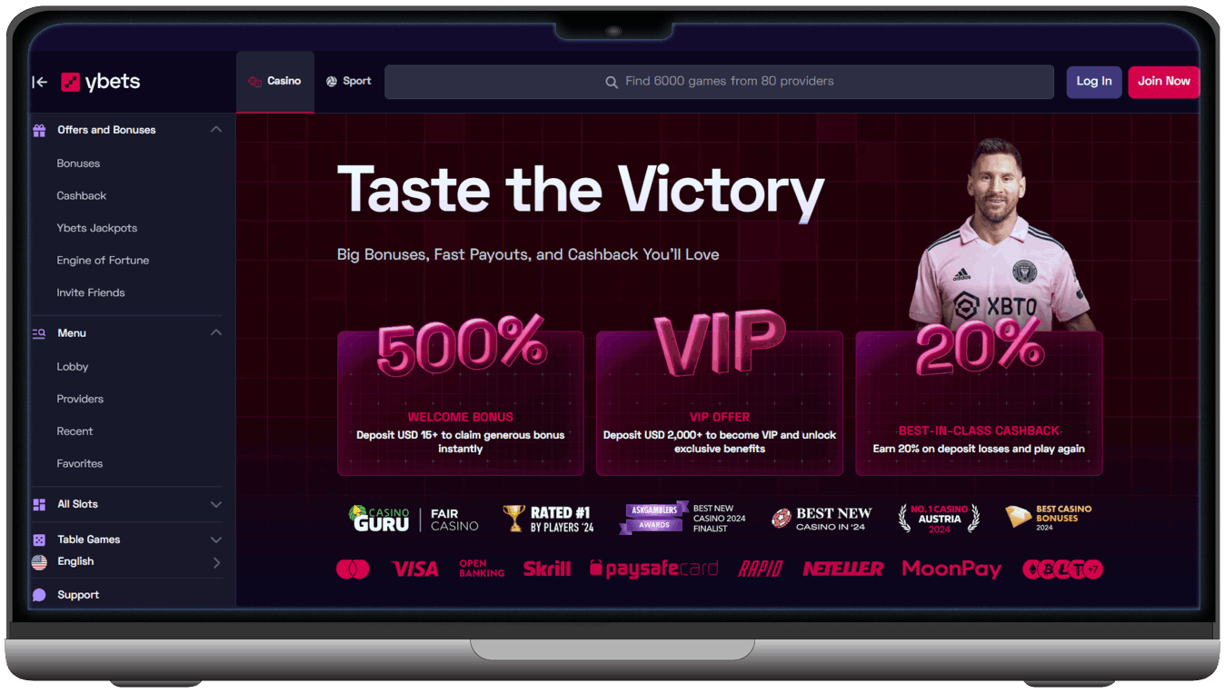 Screenshot of Ybets Casino homepage (desktop view)