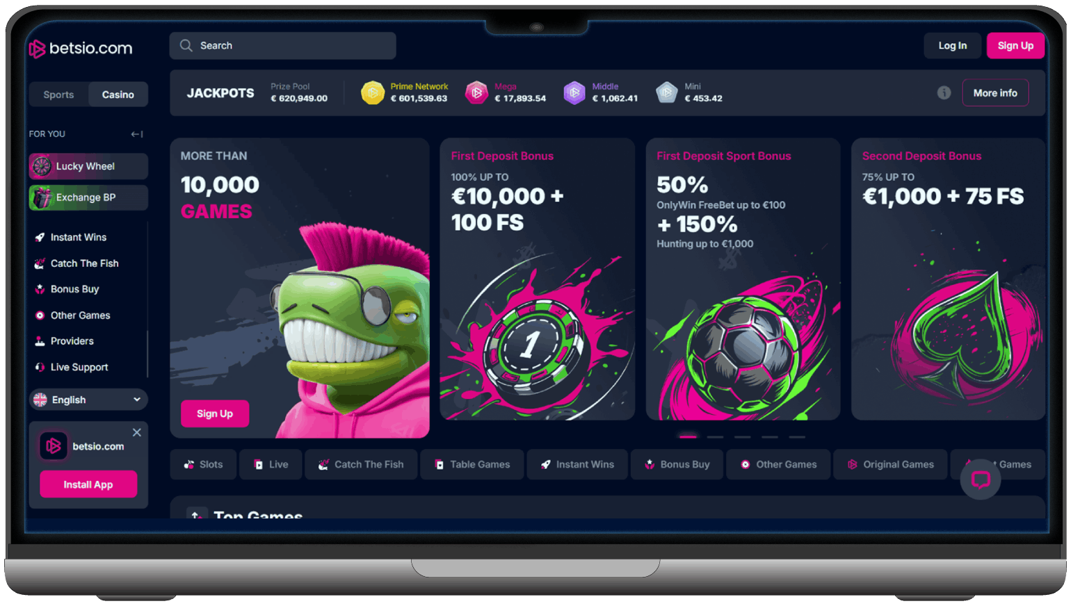 Screenshot of Betsio Casino homepage (desktop view)