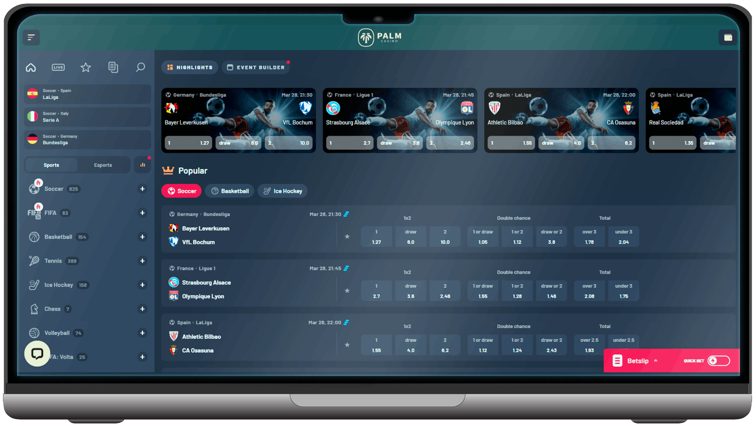 Screenshot of Palm Casino Sports Betting section