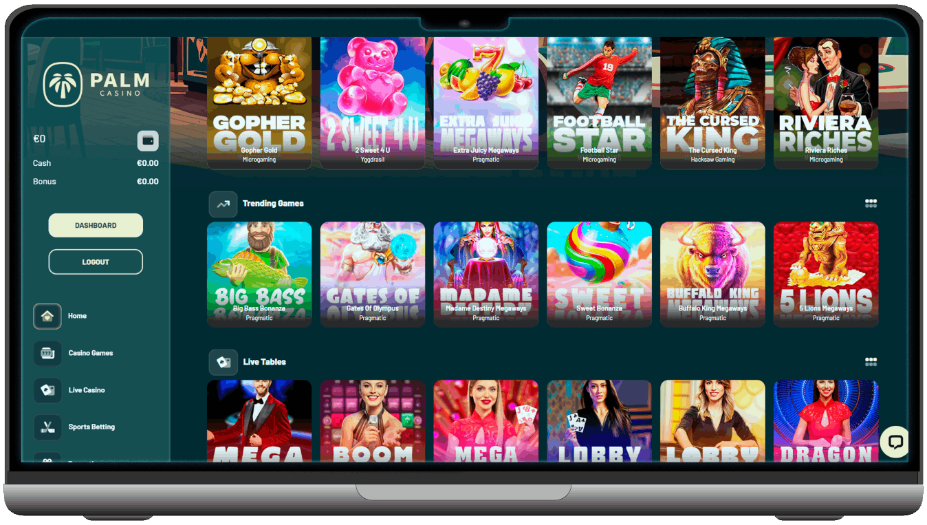 Screenshot of Palm Casino main page