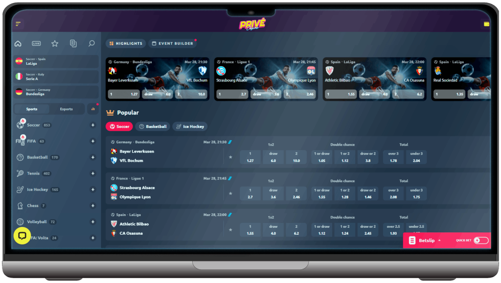 Screenshot of Prive Casino Sports betting section